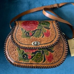 Patricia Nash Arezzo Tan Leather Crossbody with Floral Design